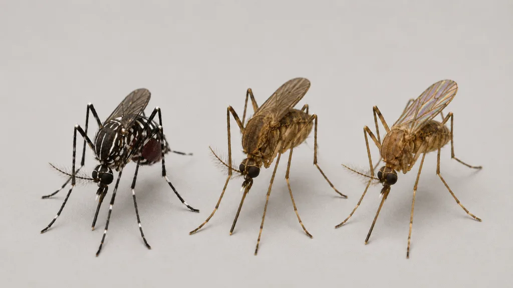 Mosquito da dengue pernilongo e maruim em comparação visual